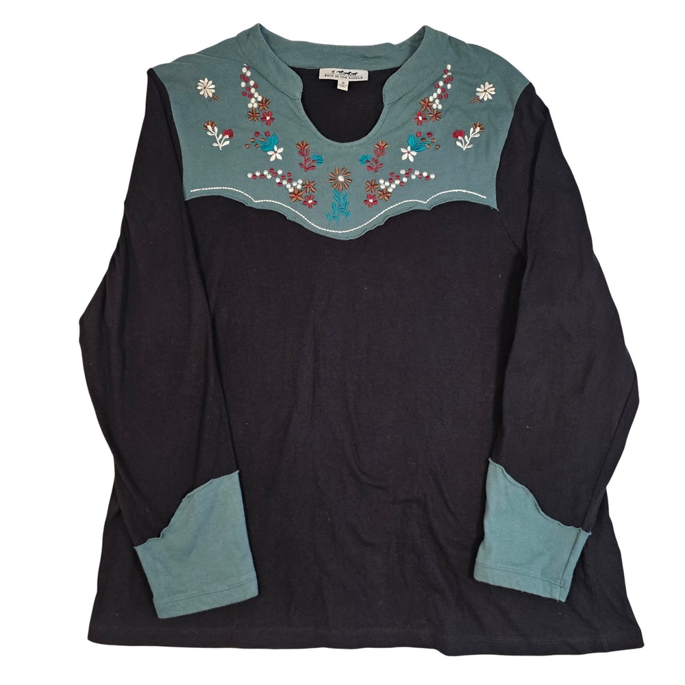 Back in the Saddle Black Teal Floral Embroidered Western Top 1X Long Sleeve